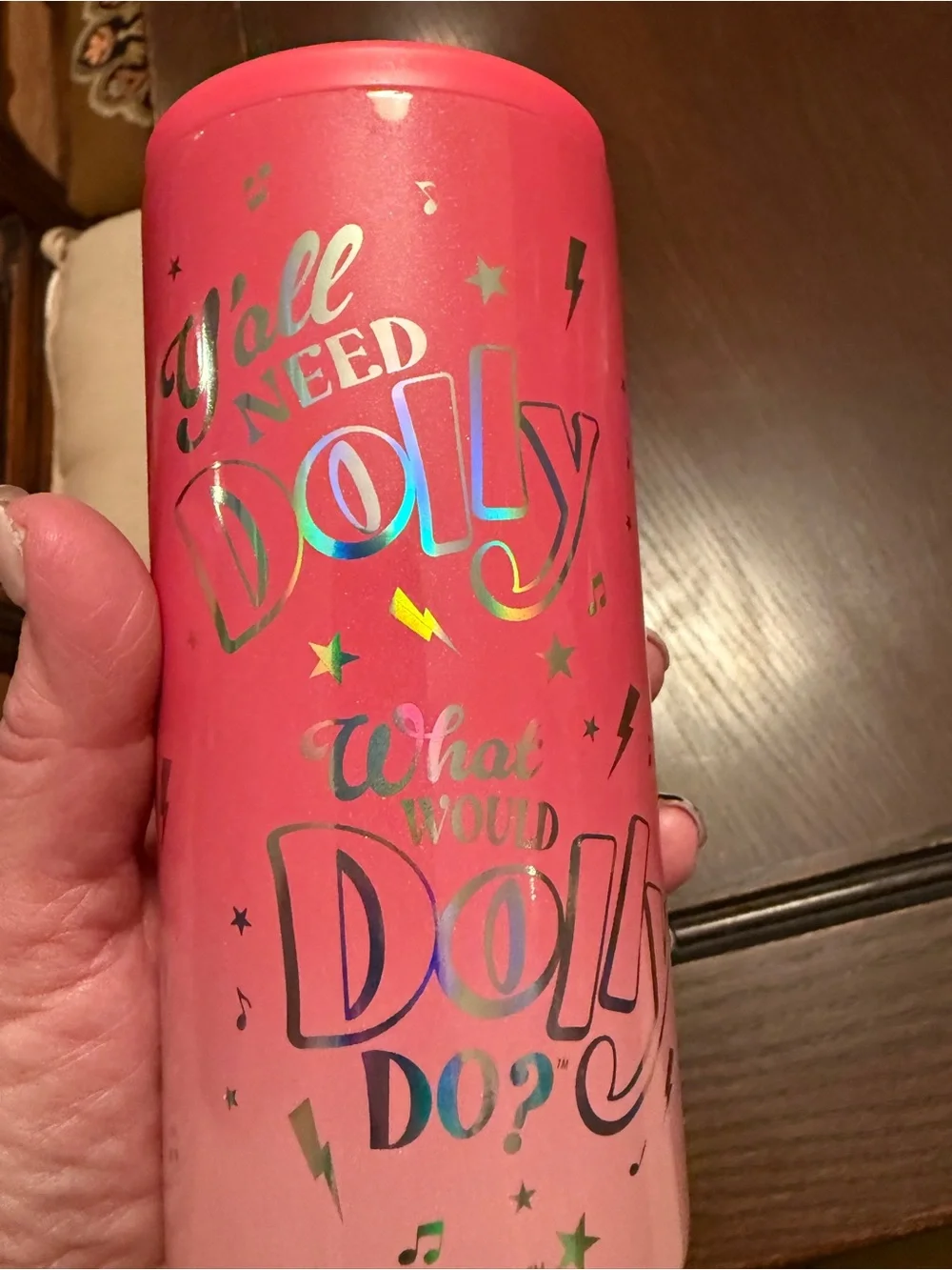Dolly Parton Pink Slim Drink Holder Tumbler Gold Script WHAT WOULD DOLLY DO?